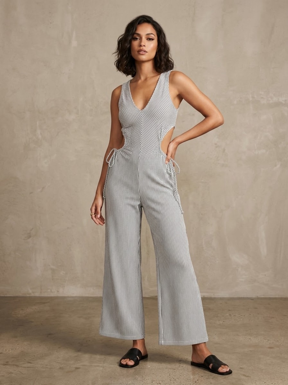 Caution To The Wind tan and cream Striped Cutout Wide-Leg Jumpsuit Size Small